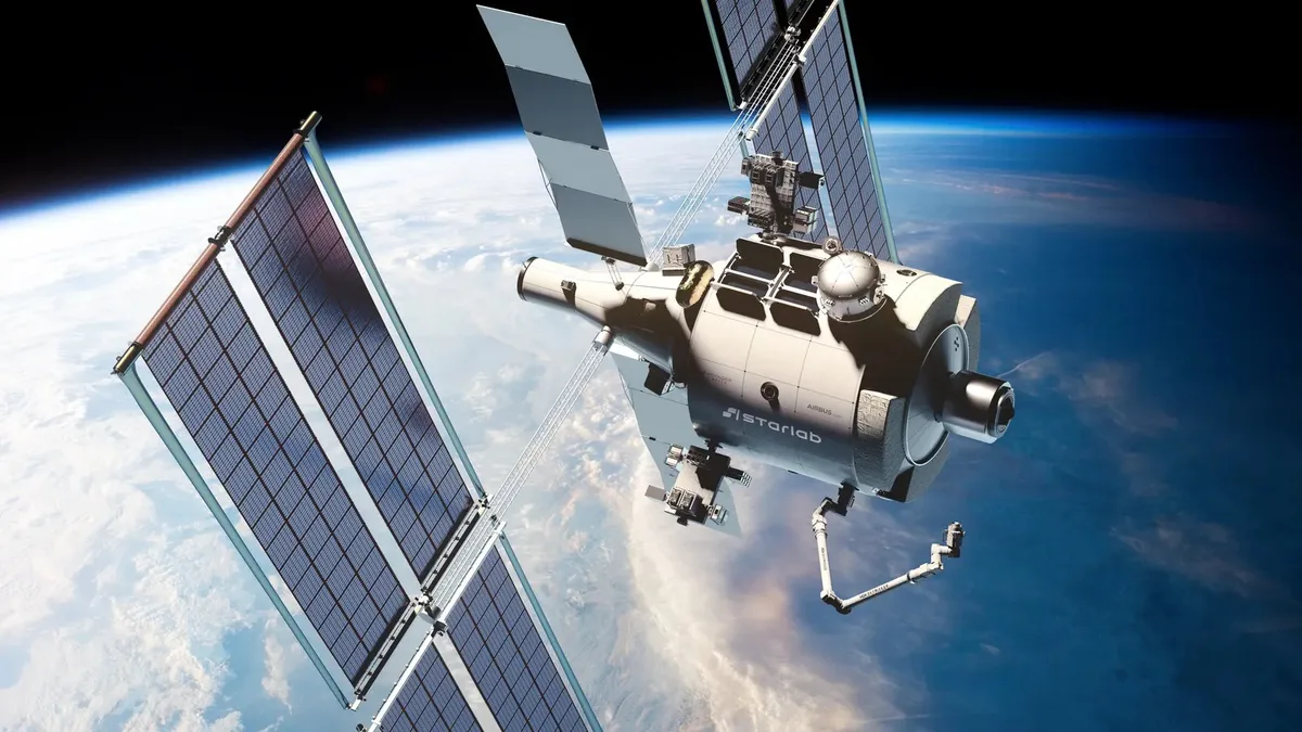 Visualisierung einer Raumstation im erdnahen Orbit.